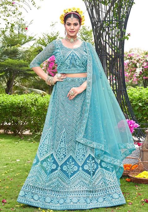 Blue Ethnic Motifs Sequin Embroidered Lehenga Set With Dupatta