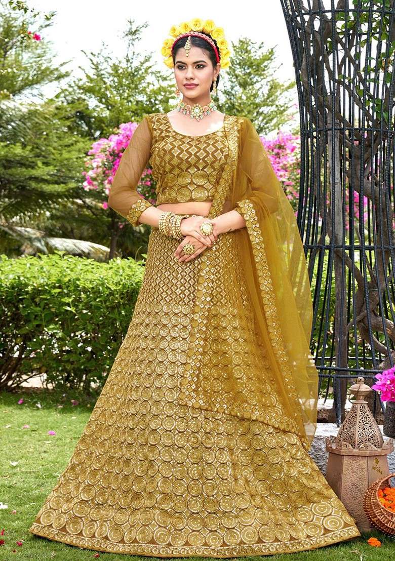 Yellow Ethnic Motifs Sequin Embroidered Lehenga Set With Dupatta - Indya