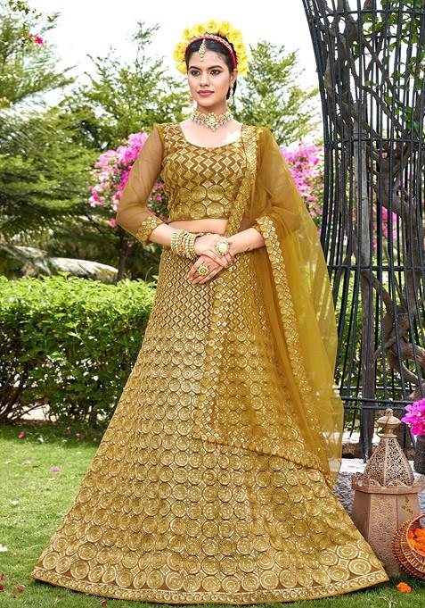 Yellow Ethnic Motifs Sequin Embroidered Lehenga Set With Dupatta