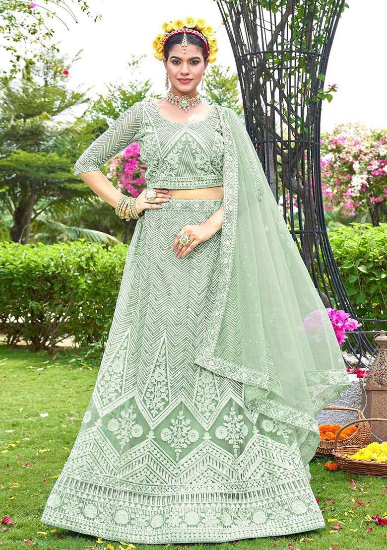 Green Ethnic Motifs Sequin Embroidered Lehenga Set With Dupatta - Indya