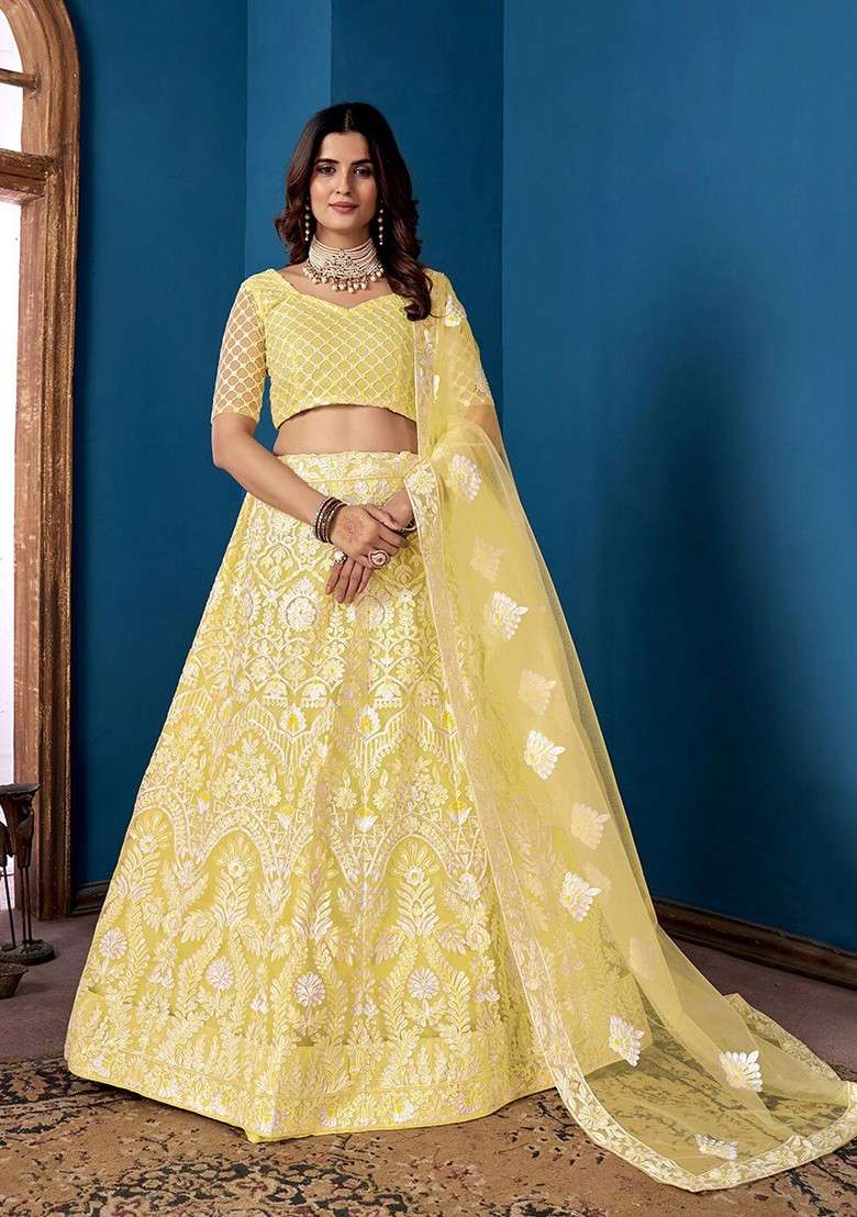 Yellow Sequin Embroidered Lehenga Set With Dupatta - Indya