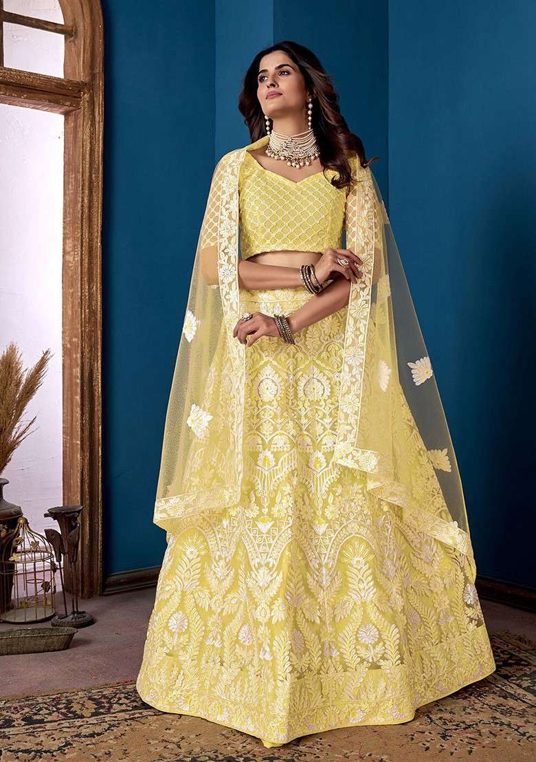 Yellow Sequin Embroidered Lehenga Set With Dupatta - Indya
