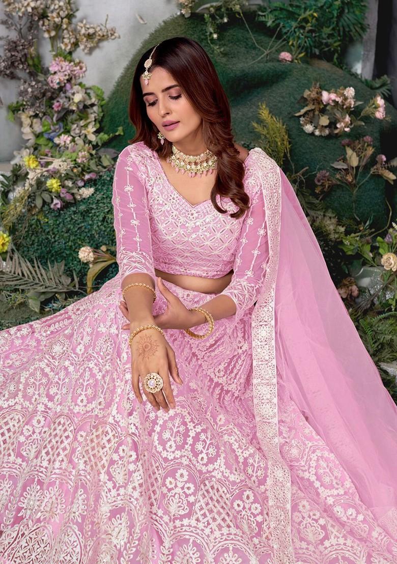 Pink Embellished Sequin Lehenga Set With Dupatta