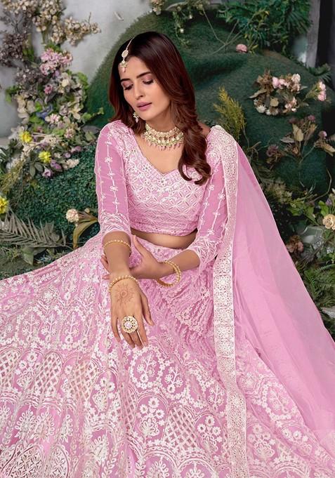 Pink Embellished Sequin Lehenga Set With Dupatta