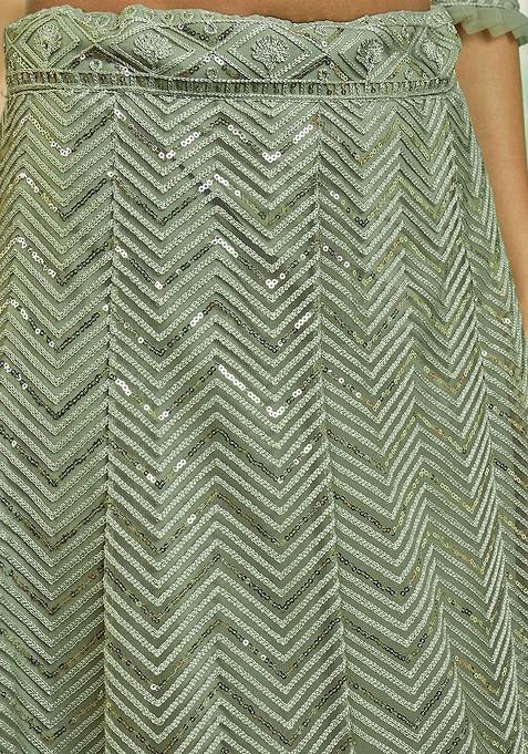 Green Sequin Embroidered Lehenga Set With Dupatta