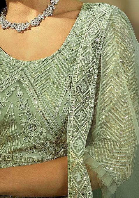 Green Sequin Embroidered Lehenga Set With Dupatta