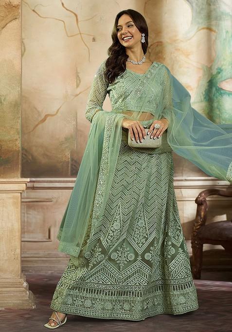 Green Sequin Embroidered Lehenga Set With Dupatta