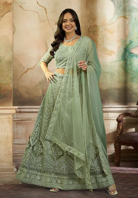 Green Sequin Embroidered Lehenga Set With Dupatta