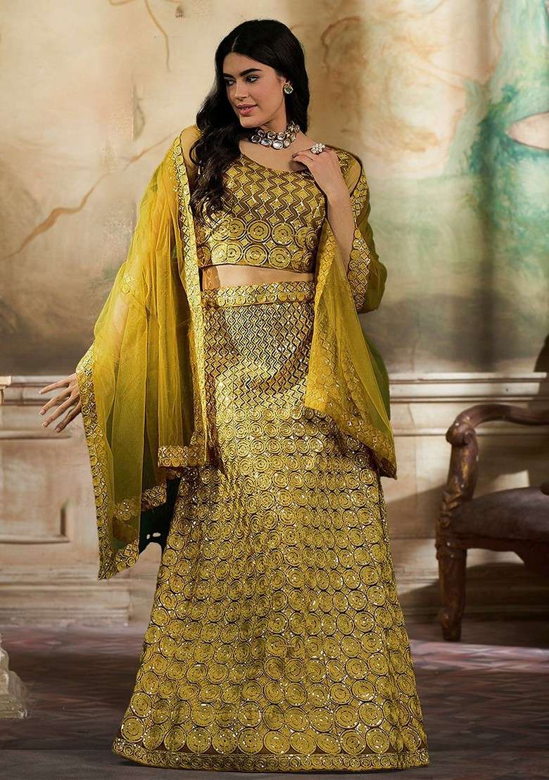 Yellow Sequin Embroidered Lehenga Set With Dupatta - Indya