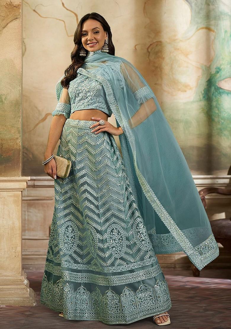 Blue Sequin Embroidered Lehenga Set With Dupatta - Indya