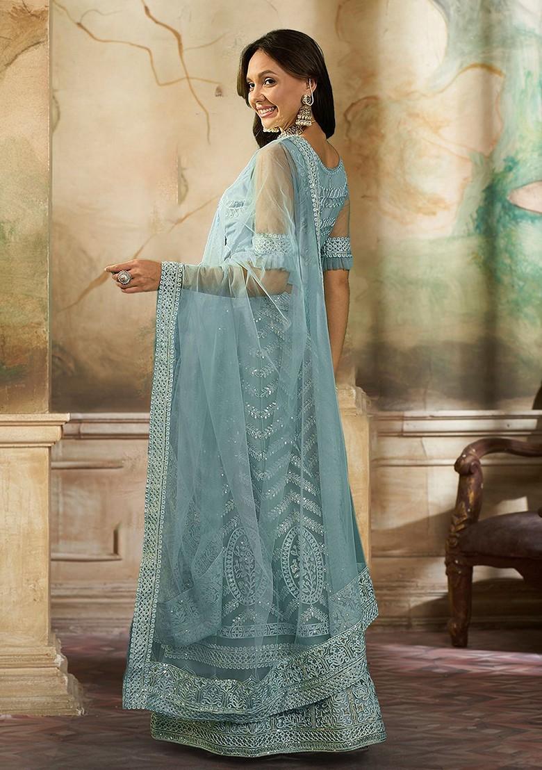 Blue Sequin Embroidered Lehenga Set With Dupatta - Indya