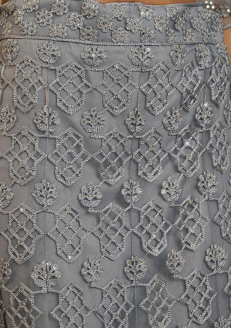 Grey Sequin Embroidered Lehenga Set With Dupatta - Indya