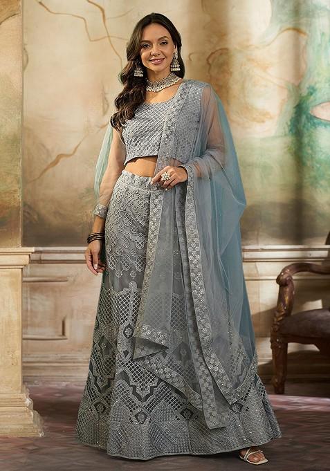 Grey Sequin Embroidered Lehenga Set With Dupatta