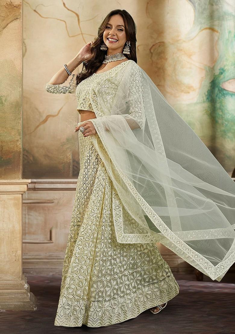 Beige Sequin Embroidered Lehenga Set With Dupatta - Indya