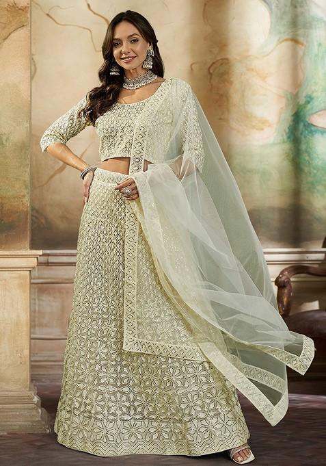 Beige Sequin Embroidered Lehenga Set With Dupatta