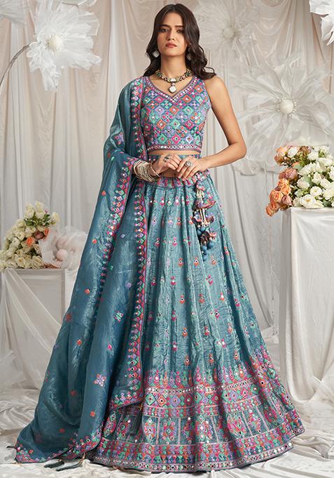 Teal Embroidered Organza Lehenga Set