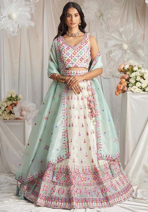 Cream Embroidered Organza Lehenga Set