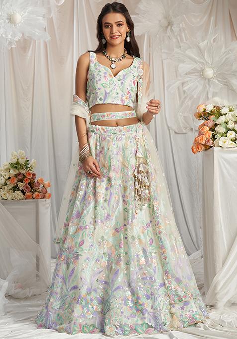 Cream Embroidered Net Lehenga Set