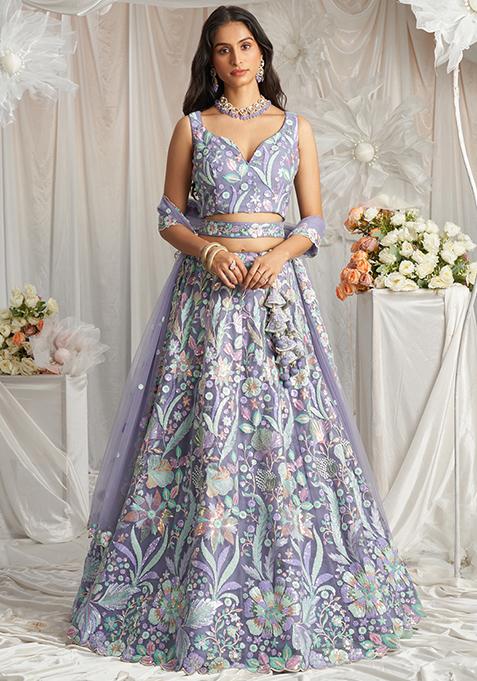 Mauve Embroidered Net Lehenga Set