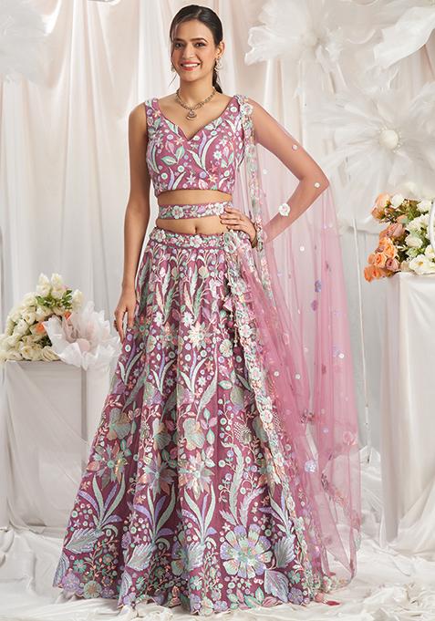 Rose Pink Embroidered Net Lehenga Set