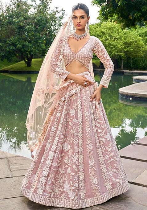 Peach Embroidered Organza Lehenga Set