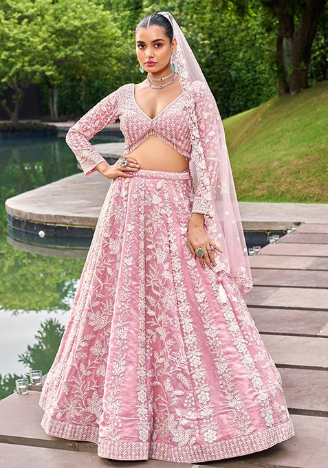 Pink Embroidered Organza Lehenga Set