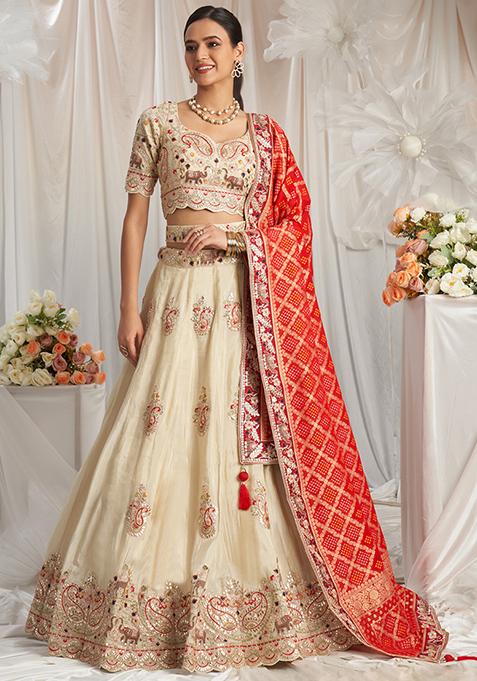 Cream Embroidered Tissue Lehenga Set