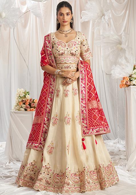 Cream Embroidered Tissue Lehenga Set