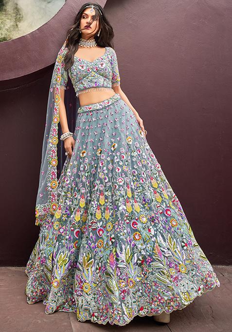 Turquoise Embroidered Net Lehenga Set