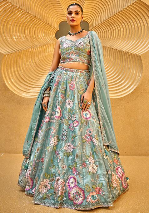 Sea Green Embroidered Organza Lehenga Set