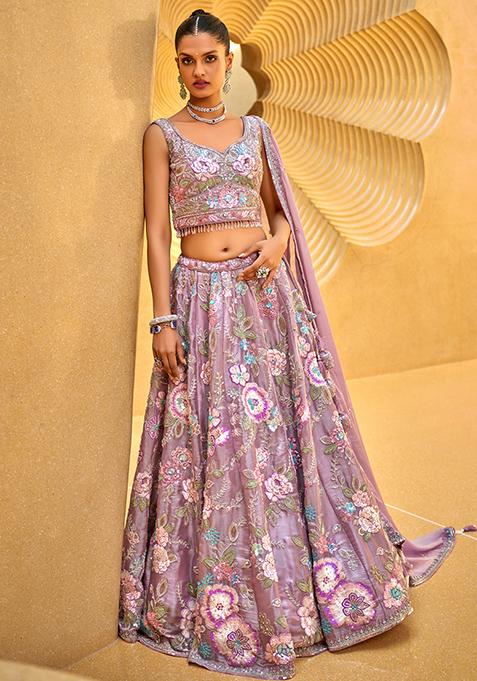 Lavender Embroidered Organza Lehenga Set