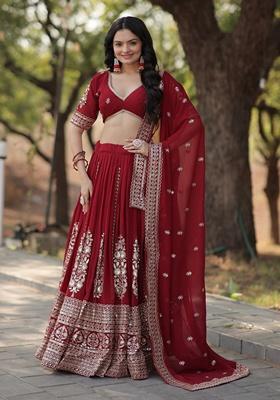 Maroon Embroidered Faux Blooming Georgette Lehenga Set