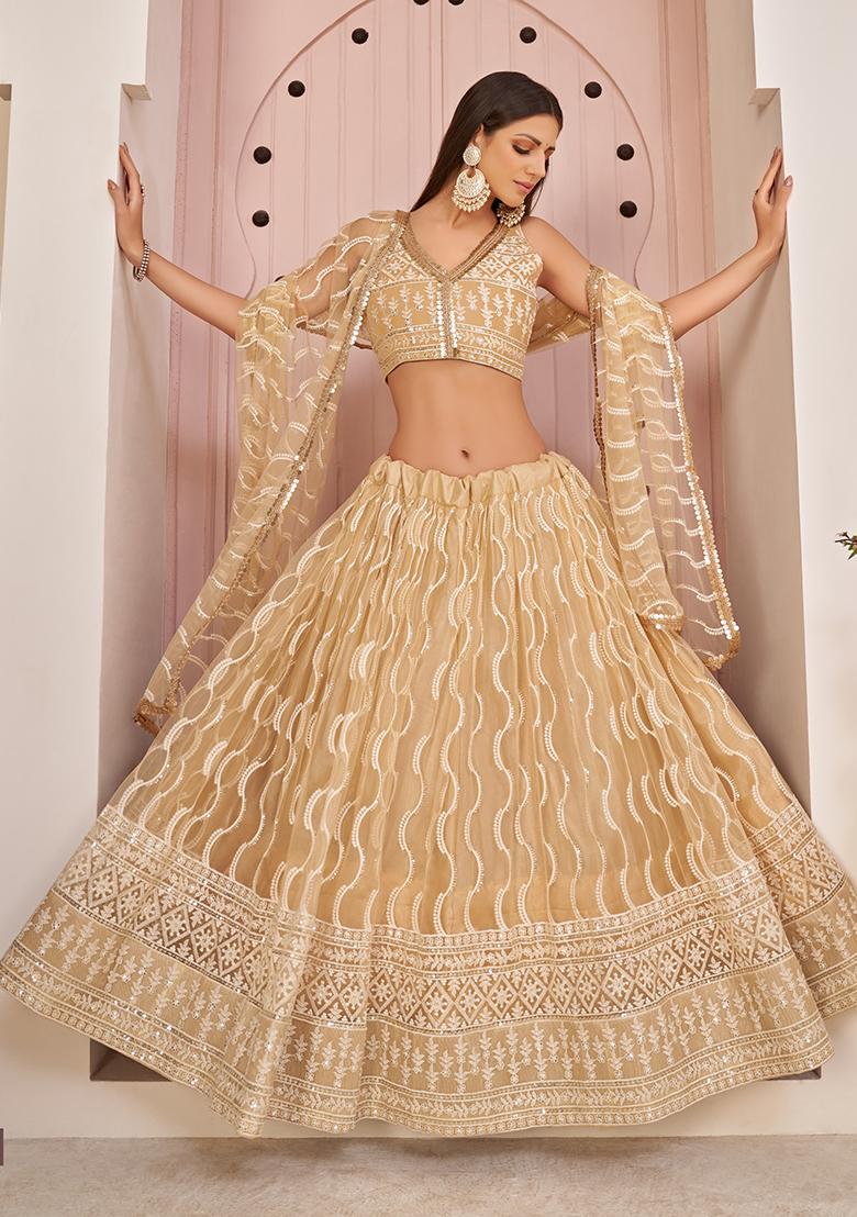 Beige Embroidered Net Lehenga Set - Indya