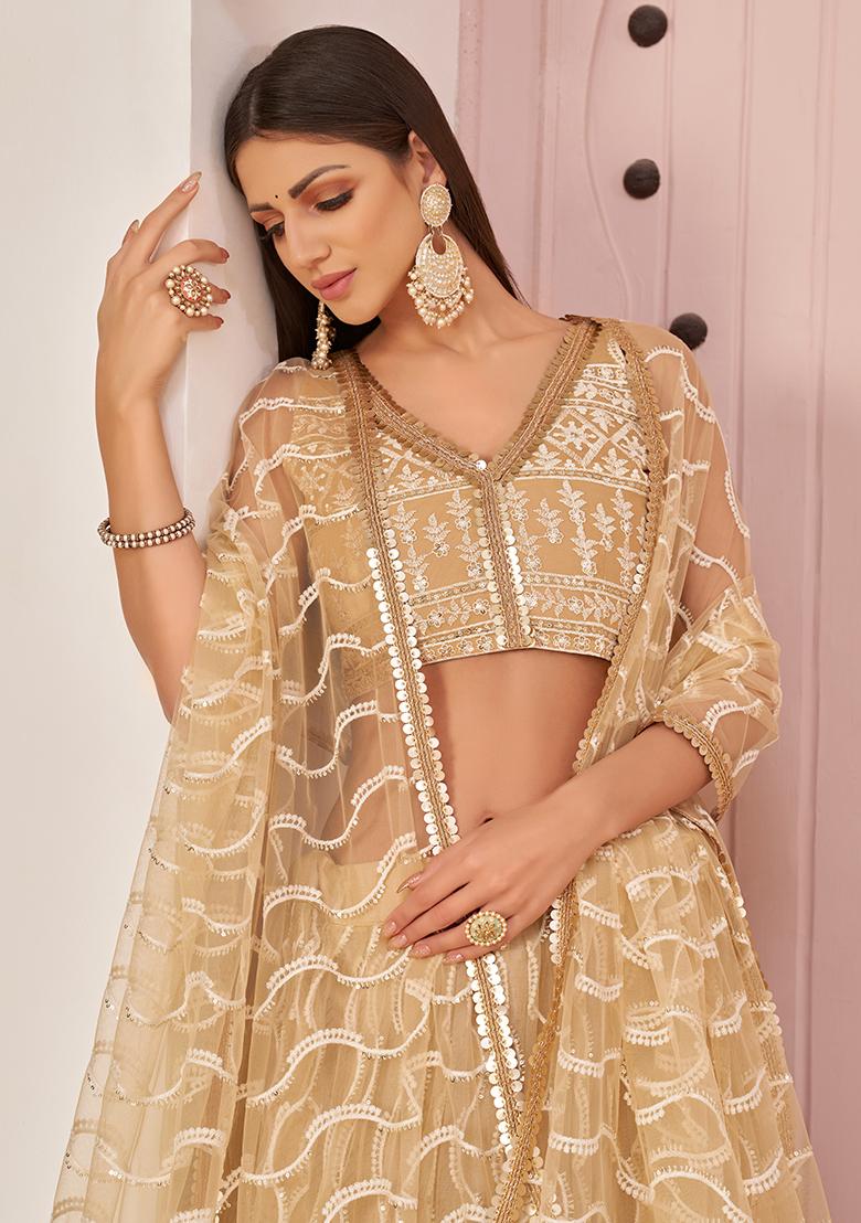 Beige Embroidered Net Lehenga Set - Indya