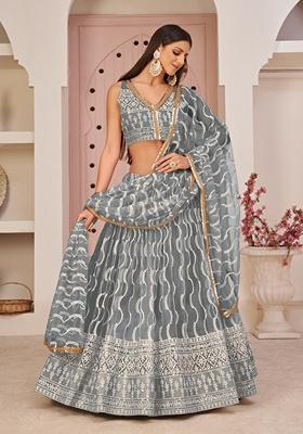Grey Embroidered Net Lehenga Set