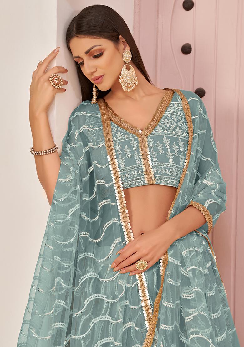 Ocean Blue Embroidered Net Lehenga Set - Indya