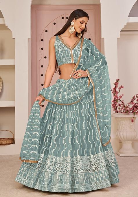 Ocean Blue Embroidered Net Lehenga Set