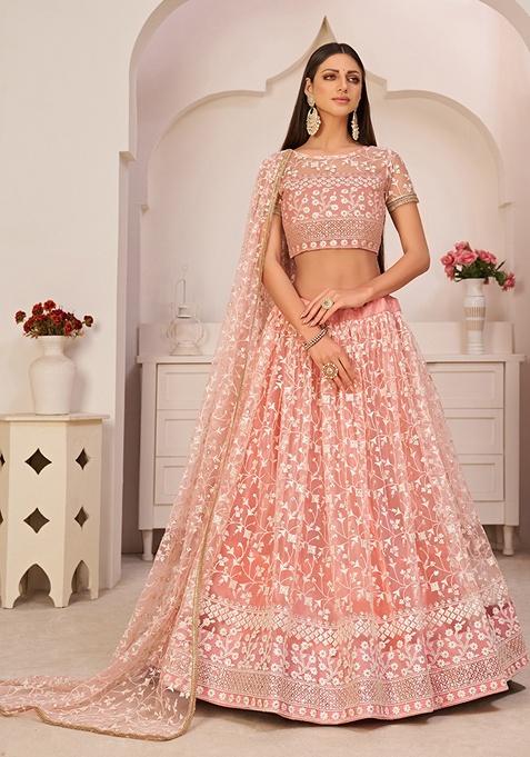 Light Pink Embroidered Net Lehenga Set