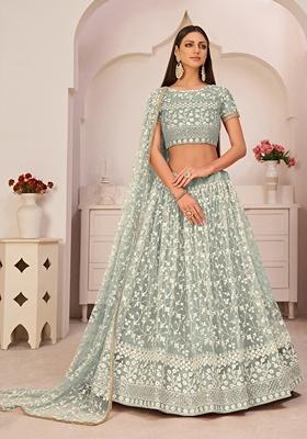 Green Embroidered Net Lehenga Set