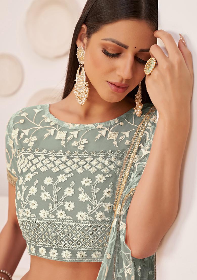 Green Embroidered Net Lehenga Set - Indya