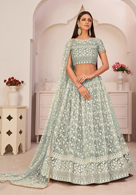 Green Embroidered Net Lehenga Set