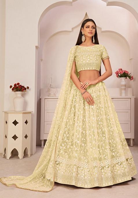 Lemon Yellow Embroidered Net Lehenga Set