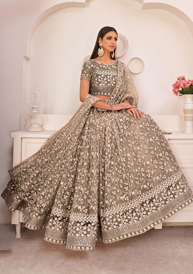 Brown Embroidered Net Lehenga Set - Indya