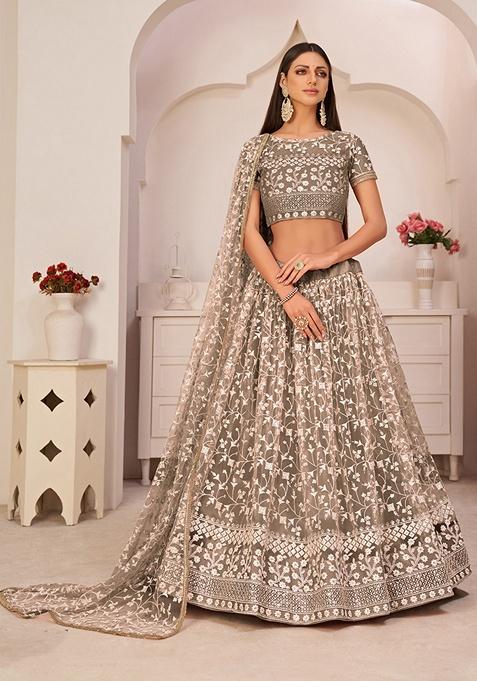 Brown Embroidered Net Lehenga Set