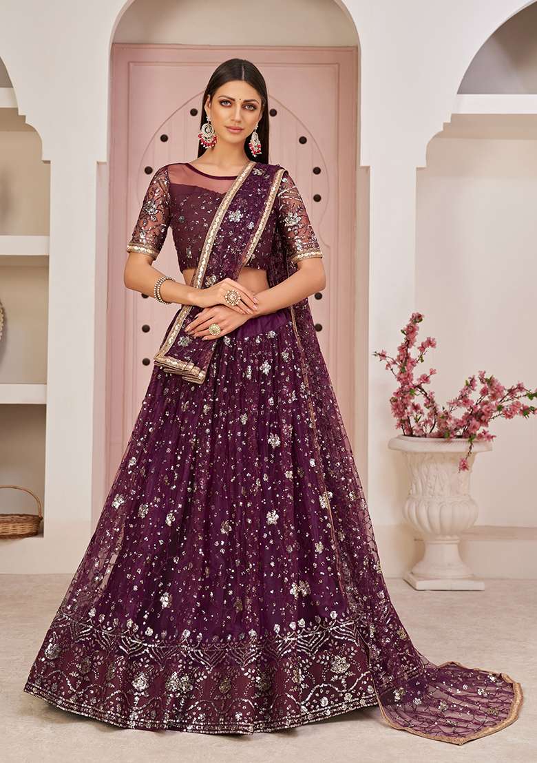 Wine Embroidered Net Lehenga Set for Diwali and Festive Wear - Indya