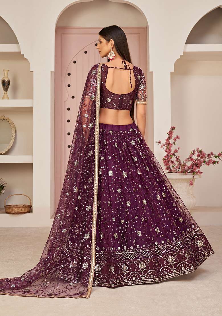Wine Embroidered Net Lehenga Set for Diwali and Festive Wear - Indya