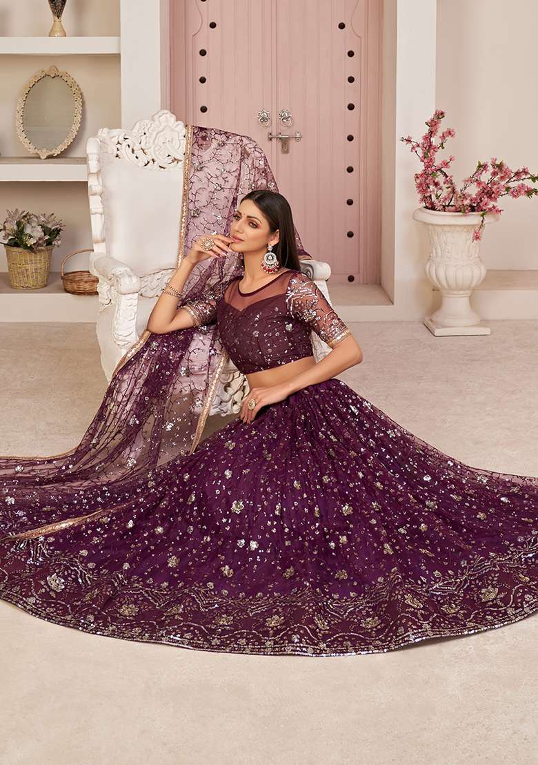 Wine Embroidered Net Lehenga Set for Diwali and Festive Wear - Indya