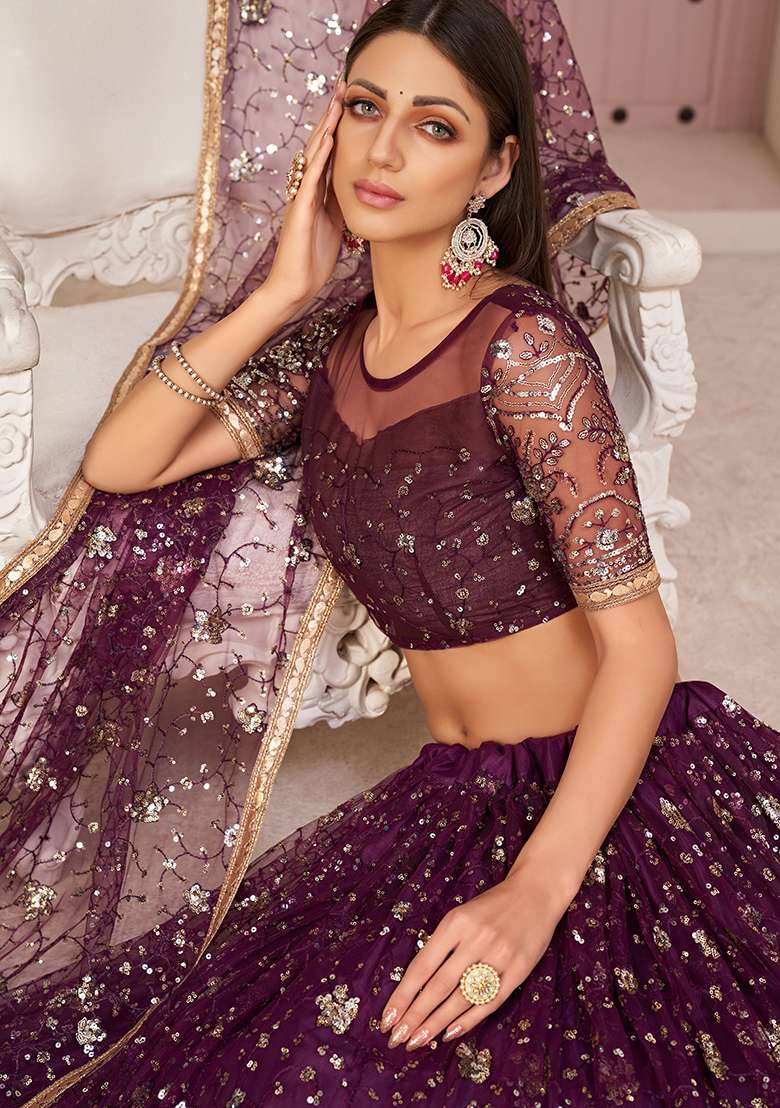 Wine Embroidered Net Lehenga Set for Diwali and Festive Wear - Indya