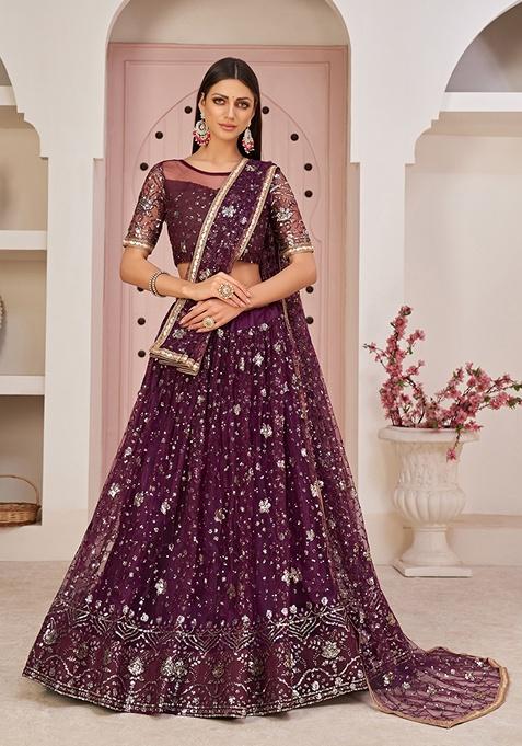 Wine Embroidered Net Lehenga Set