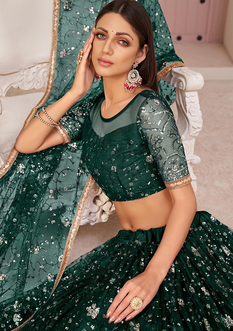Green Embroidered Net Lehenga Set - Indya
